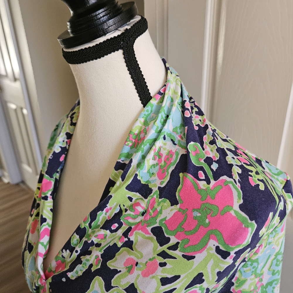 Lilly Pulitzer Navy Floral Long-Sleeve Wrap Midi Dress with Pink & Lime EUC - Picture 2 of 4